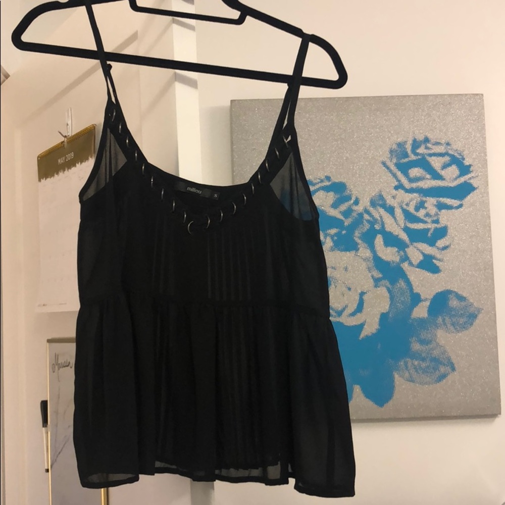 LF black sheer peplum tank with metal rings
